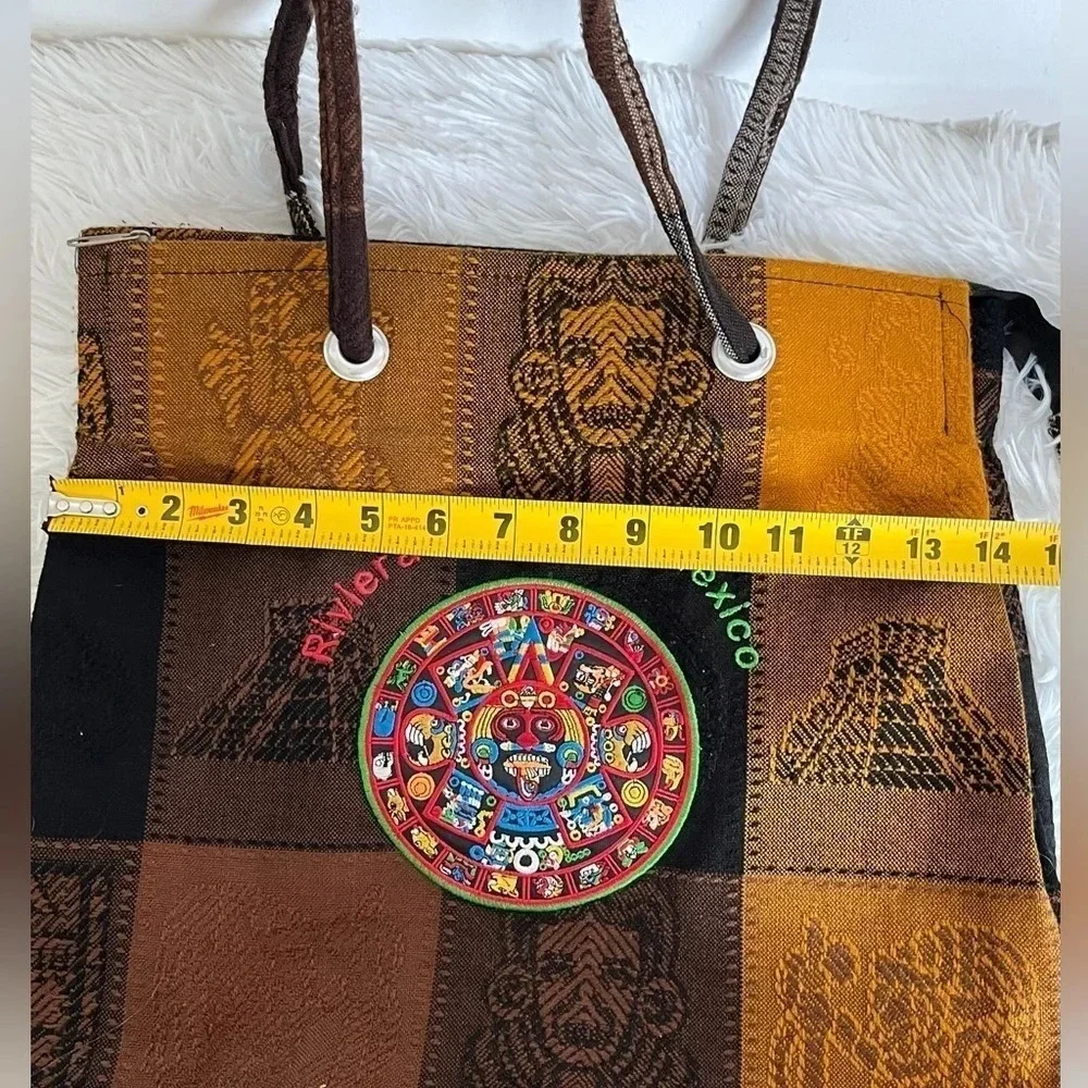 Tote Handbag Aztec Calendar Embroidered Zip Close Handmade